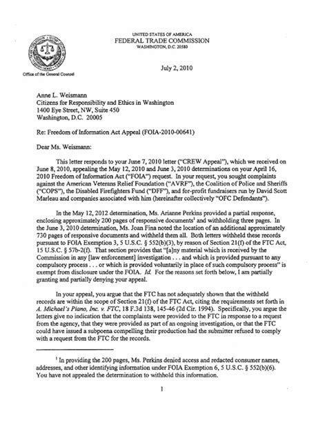 Crew Federal Trade Commission Ftc Regarding Complaints Against Avrf Cops And Dff