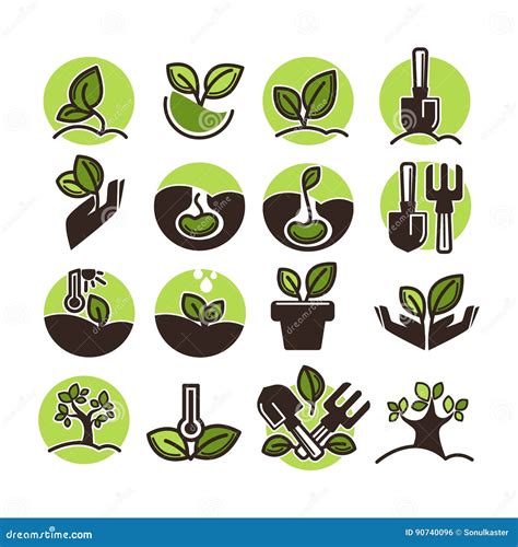 Tree Planting And Green Gardening Horticulture Vector Icons Set Stock