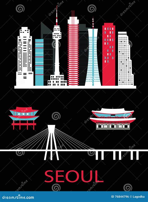 Seoul City Line Art With Watercolor Splash Vector Illustration