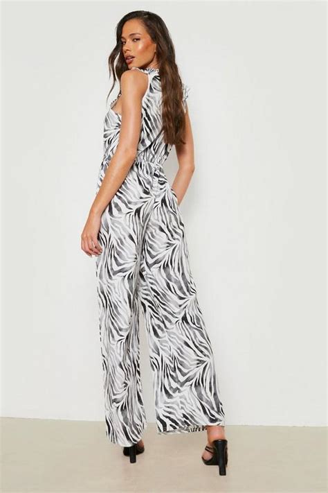 Jumpsuits Zebra Frill Sleeve Wide Leg Jumpsuit Boohoo