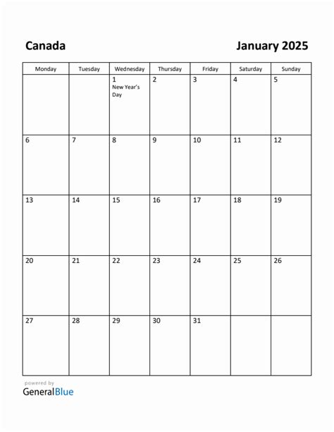 Free Printable January 2025 Calendar For Canada