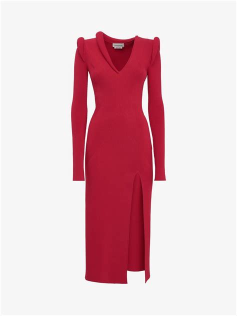 Ribbed Knit Midi Dress Welsh Red For Women Alexander Mcqueen