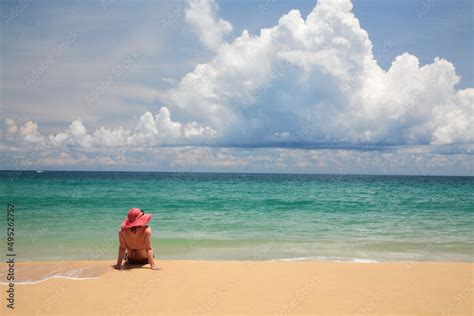 Female Foreign Tourist With Pink Hat And Bikini On Beach Phuket Stock Photo Adobe Stock