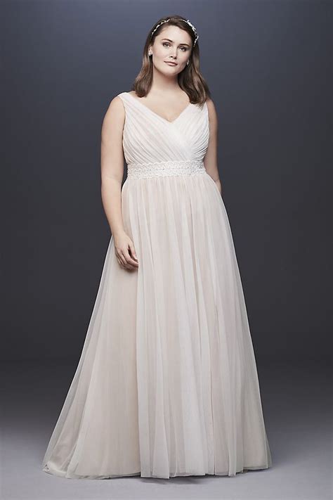 Pleated Plus Size Wedding Dress With Lace Waist Davids Bridal Wedding Dresses Classic