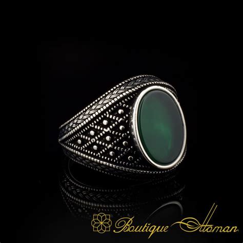 Micro Detailed Green Aqeeq Silver Ring Boutique Ottoman Exclusive