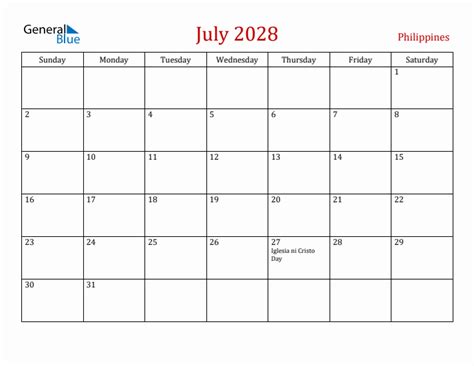 July Monthly Calendar With Philippines Holidays