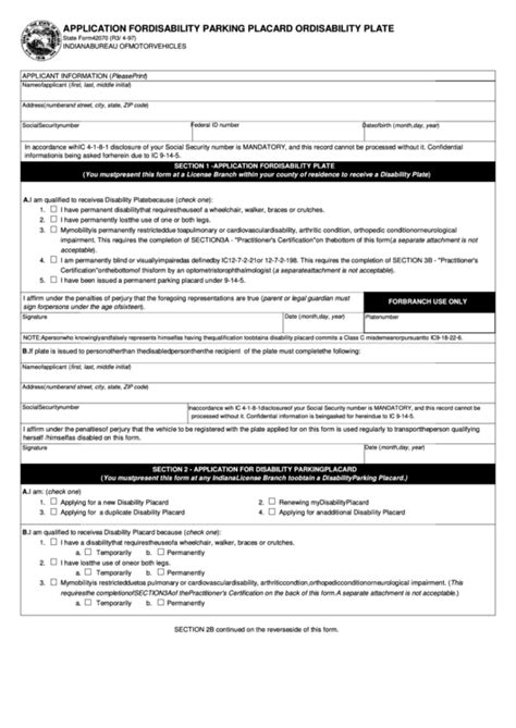 Fillable State Form 42070 Application For Disability Parking Placard Or Disability Plate