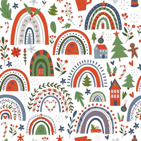 Premium Vector Christmas Rainbow And Cute Stuff Vector Seamless