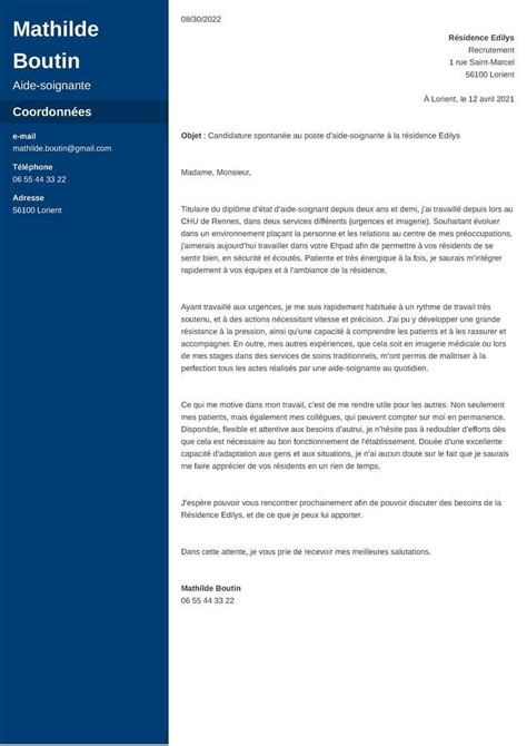 Exemple lettre de motivation aide soignante modèle à remplir