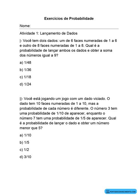 Exerc Cios De Probabilidade M Ltipla Escolha E Gabarito Ponto Do