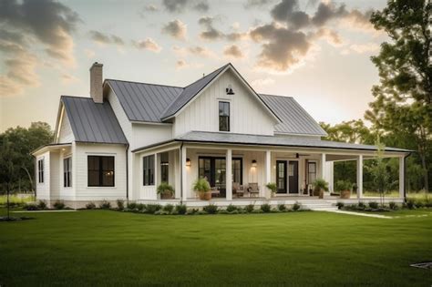 Premium Ai Image Modern Farmhouse With Wraparound Porch And Natural