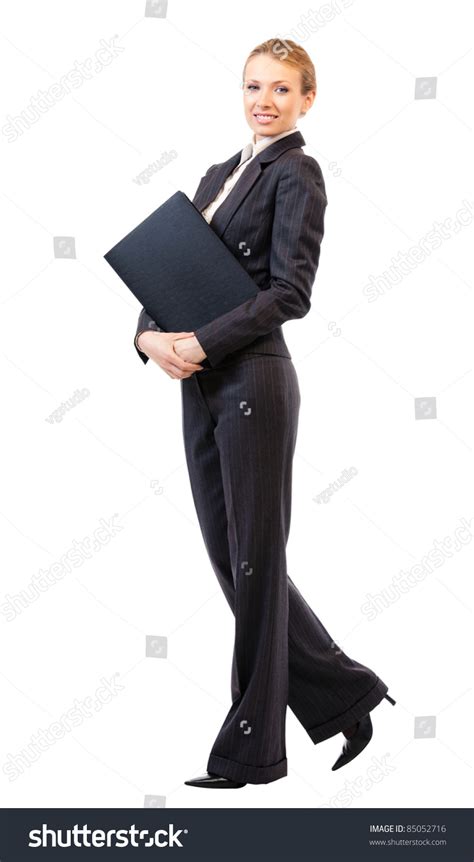 Full Body Portrait Of Happy Smiling Business Woman With Black Folder