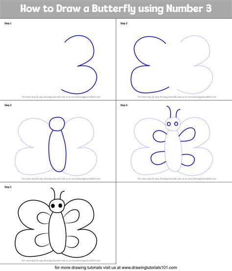 How to Draw a Butterfly using Number 3 (Animals with Numbers) Step by Step | DrawingTutorials101.com