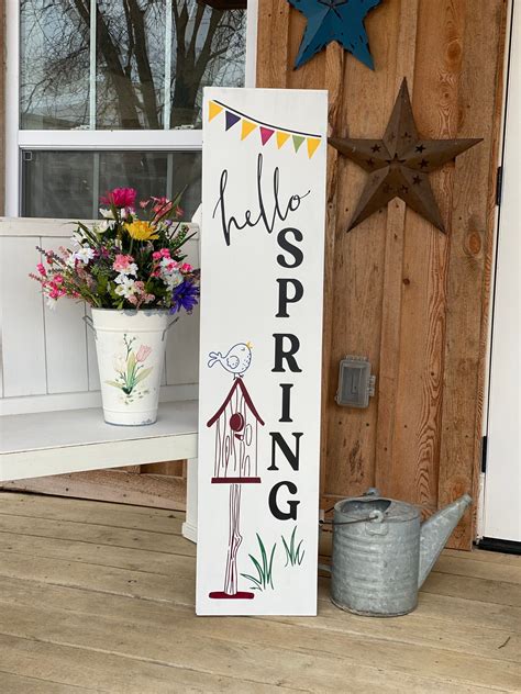 Tall Vertical Porch Sign Hello Spring Porch Sign Hello Spring Sign