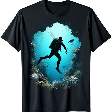 Black T Shirt With Diver Exploring Vibrant Coral Reef Design