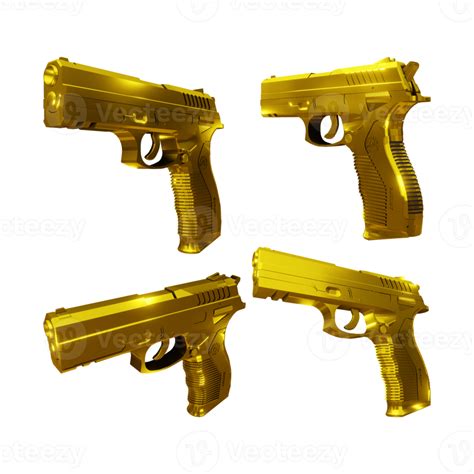 D Rendering Of Shiny Golden Gun From Various Perspective View Png