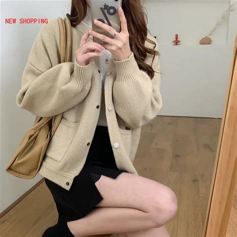 Korean Style Chic Soft Cardigan Casual Pink Sweaters Women Solid Single