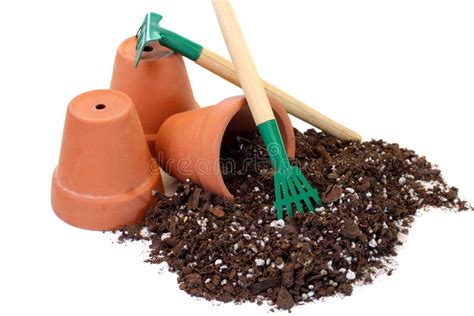 Three Clay Pots Soil And Tools Stock Image Image Of Starter Space