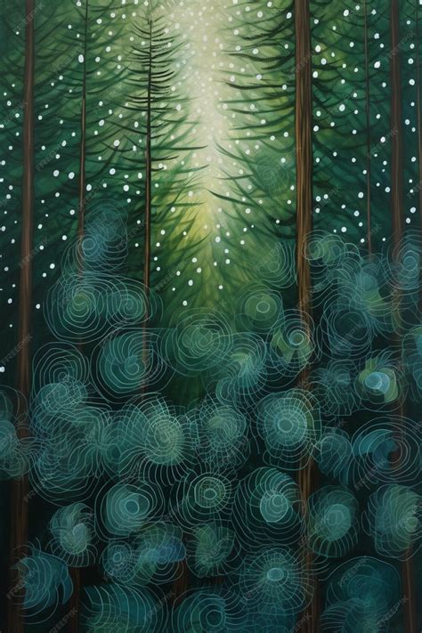 Premium AI Image | A painting of a forest with snow falling on the trees.