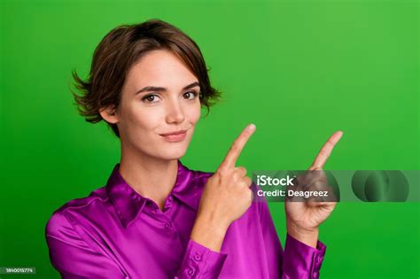 Photo Of Lovely Cute Lady Wear Pink Stylish Clothes Two Arms Demonstrate Empty Space Poster