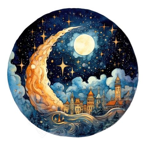 Premium AI Image | Illustration Watercolor Detailed Moon and Stars Scene