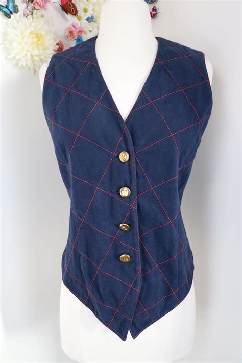 90s Blue Windowpane Embroidered Plaid Vest Waistcoat Gem