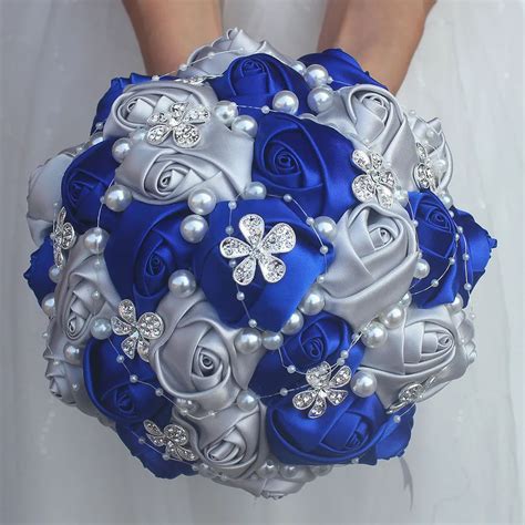 Royal Blue Silver Bouquet Rose Bridesmaid Wedding Foam Flowers Rose Bridal Bouquet Ribbon Fake ...