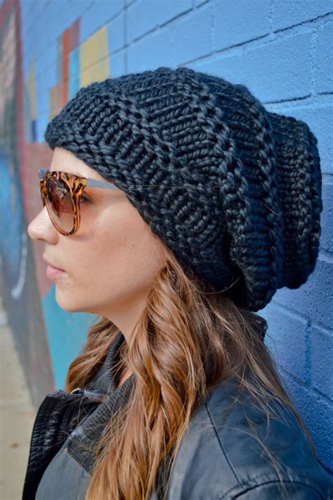 Slouchy Black Hat Knit Black Slouch Beanie Hand Knit Etsy