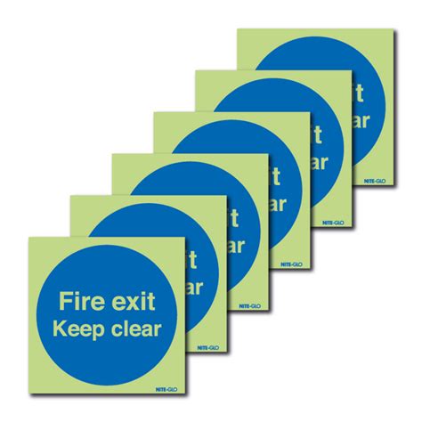 6 Pack Nite Glo Photoluminescent Fire Exit Keep Clear Signs Seton