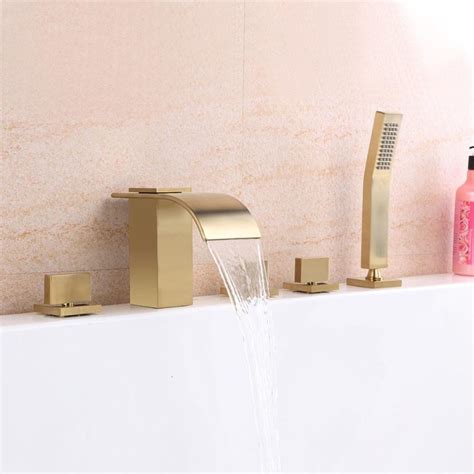 Brushed Gold Brass Bathtub Faucet Waterfall Curve Spout With Handheld