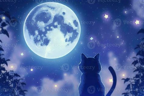 Anime Cat Looking At The Moon On Starry Night Illustration Generative