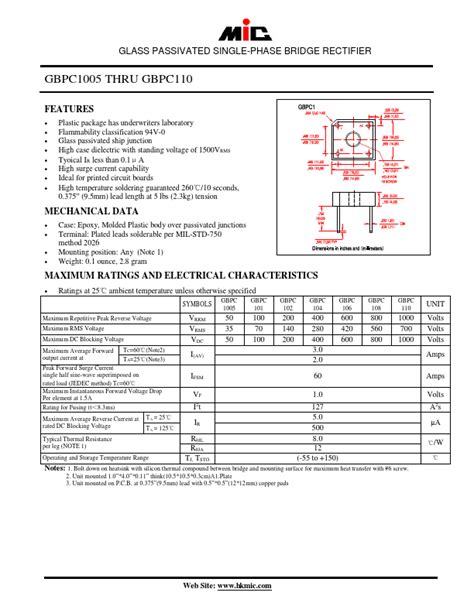 Gbpc Datasheet Pdf Glass Passivated Single Phase Bridge Rectifier