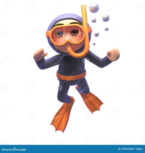 Cartoon 3d Scuba Snorkel Diver Character Floats Underwater Stock