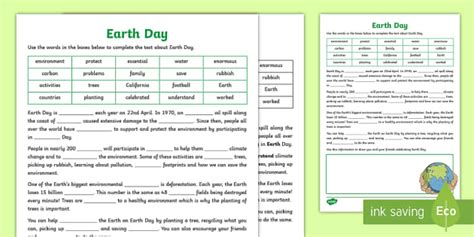 Earth Day Cloze Worksheet Profesor Hizo Twinkl