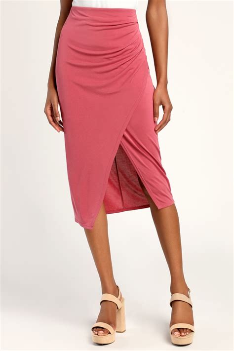 Rusty Rose Knit Skirt Faux Wrap Midi Skirt Overlapping Skirt Lulus