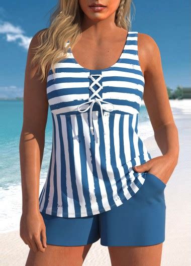 Rotita Plus Size Lace Up Striped Blue Tankini Set Rotita Usd