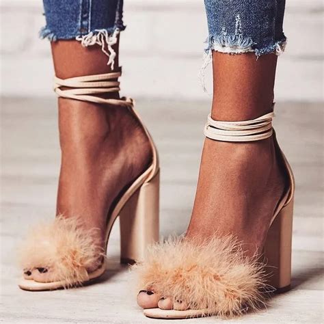 New Design Nude Pink Black Suede Fur Sandals Lace Up Thick High Heels