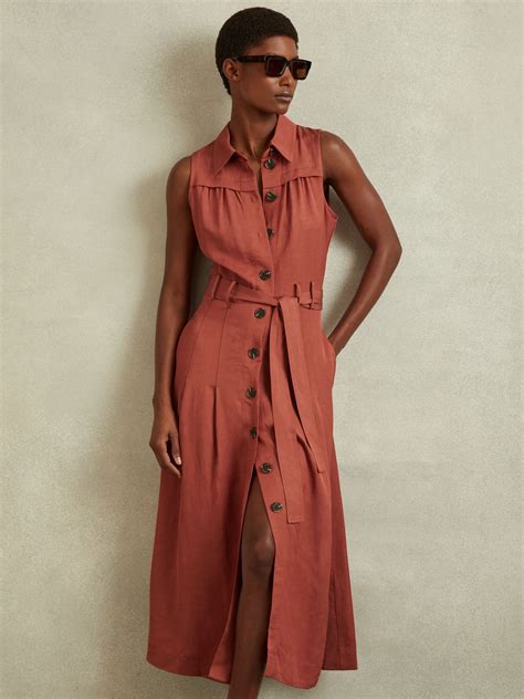 Viscose Linen Belted Midi Dress In Rust Reiss