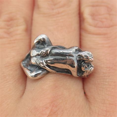 925 Sterling Silver Vintage Nude Man And Woman Erotic Theme Ring Size