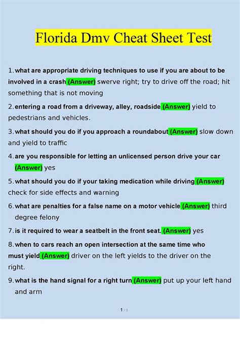 Florida Dmv Cheat Sheet Test Questions And Answers2022 Verified Answers