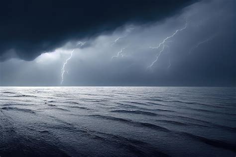 Ein Sturm Auf Dem Ozean Mit Einem Dunkelblauen Himmel Und Einem Blitz