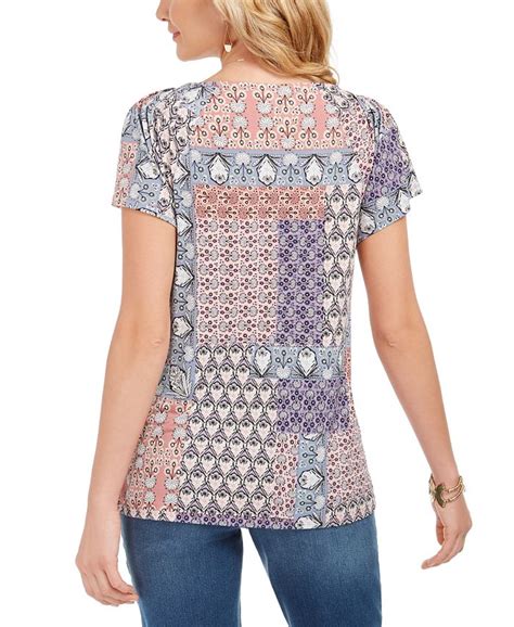 Style And Co Printed Pleated Neck Top Created For Macys Macys