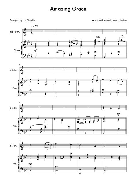 Amazing Grace Soprano Saxophone Arr Kacie J Rickells By John Newton Sheet Music For Soprano