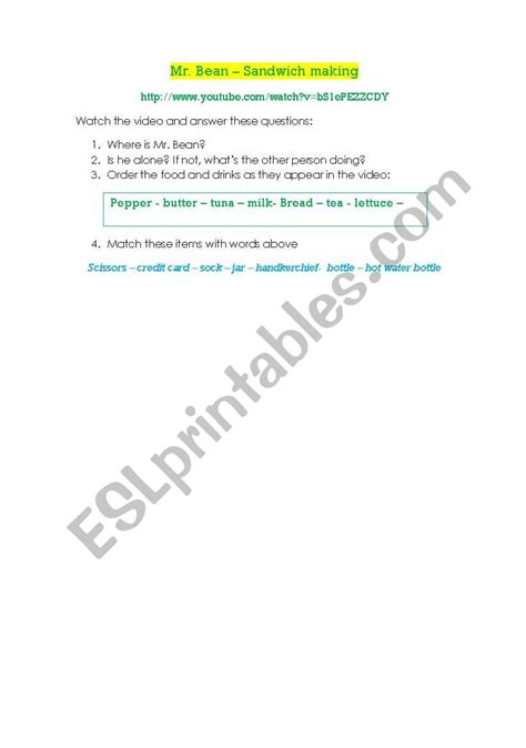 Mr Bean Sandwich Making ESL Worksheet By A M S