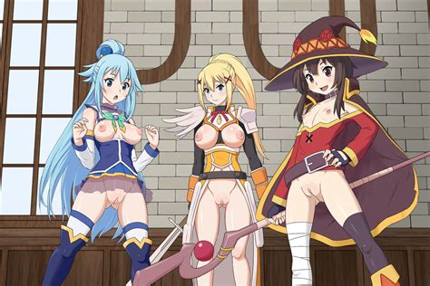 Rule 34 3girls Aqua Konosuba Big Breasts Boots Darkness Konosuba Exposed Breasts Kono