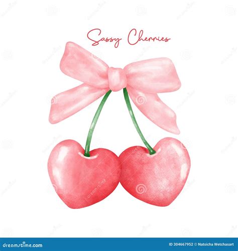 Red Coquette Heart Cherries With Pink Ribbon Bow Aesthetic Watercolor