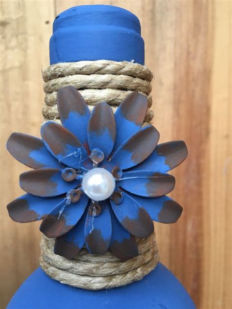 Denim Blue Colored Wine Bottle With Twine And Painted Metal Flowers