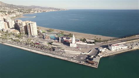 Aerial View Of La Farola Malaga Lighthouse At Harbour Costa Del Sol