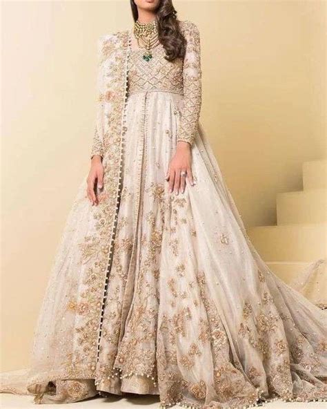 Pakistani Designer White Walima Long Trail Gown With Golden Embroidery