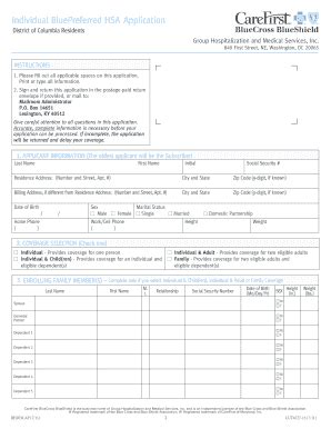 Fillable Online Individual Bluepreferred Hsa Application Form Fax Email